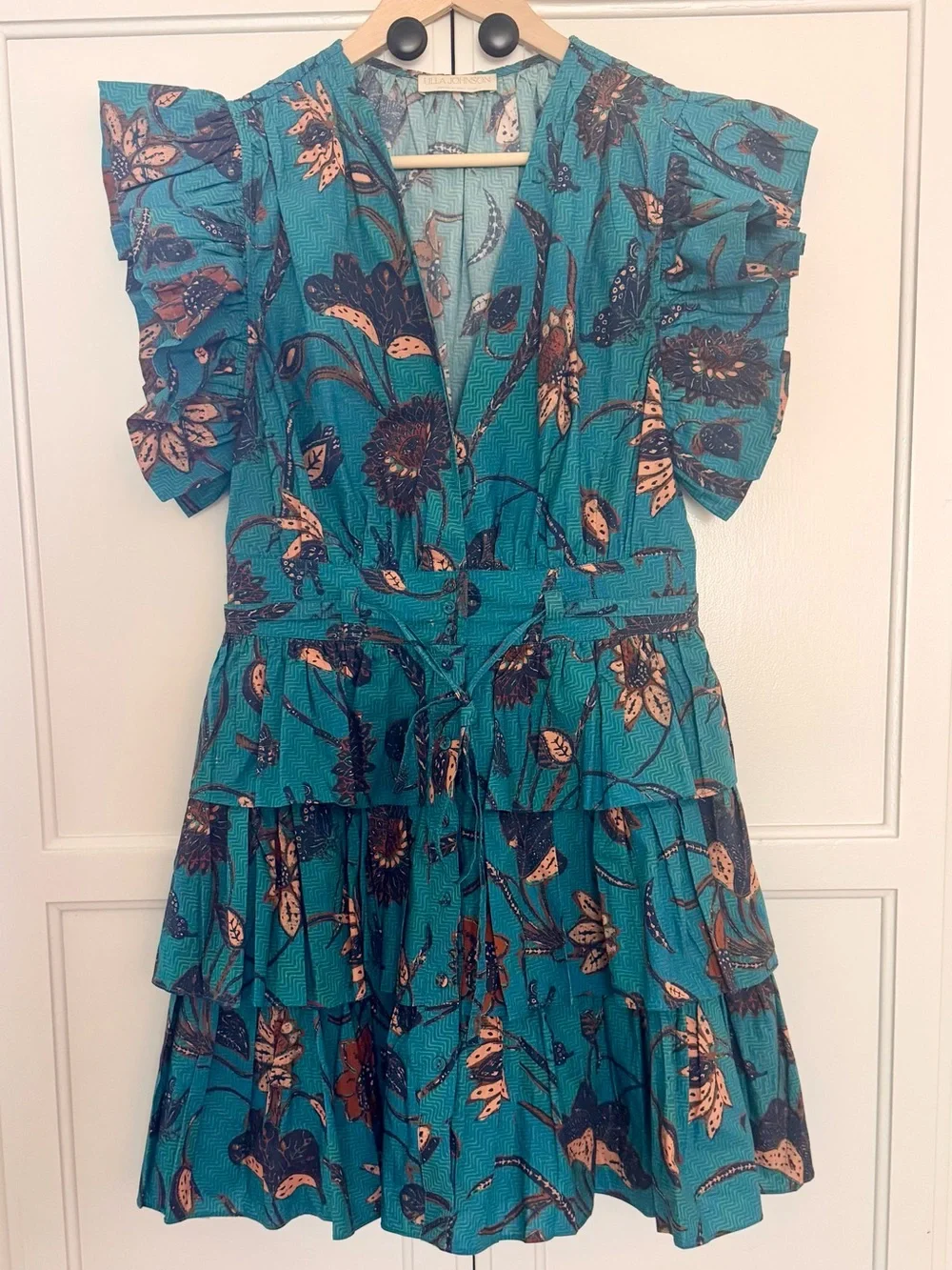 ULLA JOHNSON Sena Ruffled Cotton Mini Dress Laguna Blue Size 6 - Picture 6 of 10